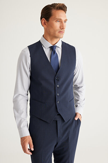 Recycle Slim Fit Dar Kesim Mono Yaka Kareli Yelekli Koyu Lacivert Yelekli Takım Elbise resmi