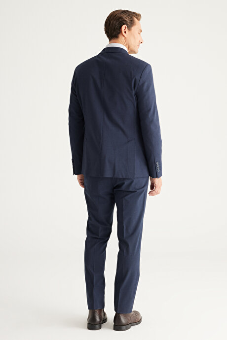 Recycle Slim Fit Dar Kesim Mono Yaka Kareli Yelekli Koyu Lacivert Yelekli Takım Elbise resmi