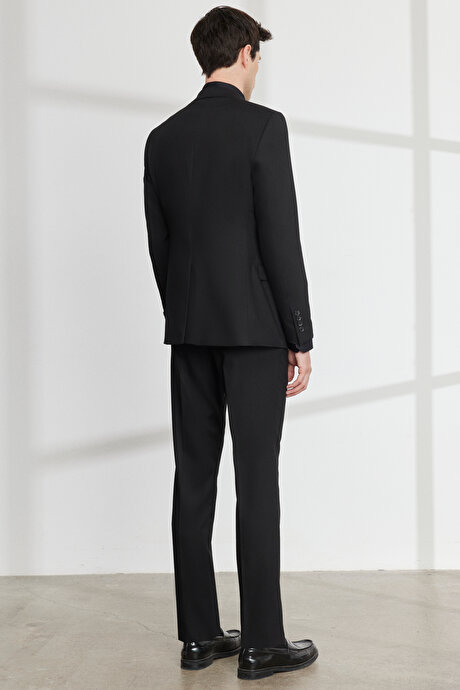 Ekstra Slim Fit Dar Kesim Mono Yaka Armürlü Yelekli Siyah Yelekli Takım Elbise resmi
