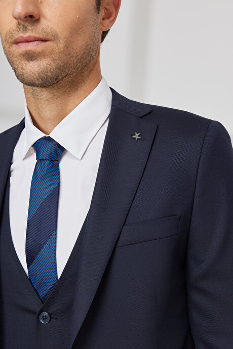 Ekstra Slim Fit Dar Kesim Yünlü Armürlü Yelekli Lacivert Yelekli Takım Elbise resmi