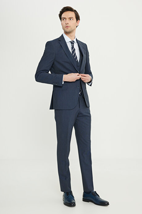 Slim Fit Dar Kesim Mono Yaka Yelekli Lacivert Yelekli Takım Elbise resmi