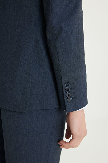 Slim Fit Dar Kesim Mono Yaka Yelekli Lacivert Yelekli Takım Elbise resmi