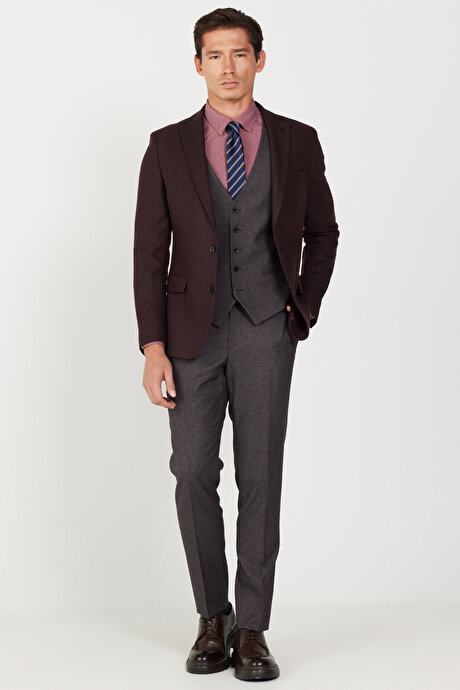 Slim Fit Dar Kesim Mono Yaka Desenli Bordo-Gri Yelekli Takım Elbise resmi