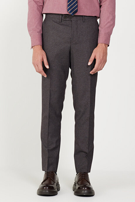 Slim Fit Dar Kesim Mono Yaka Desenli Bordo-Gri Yelekli Takım Elbise resmi