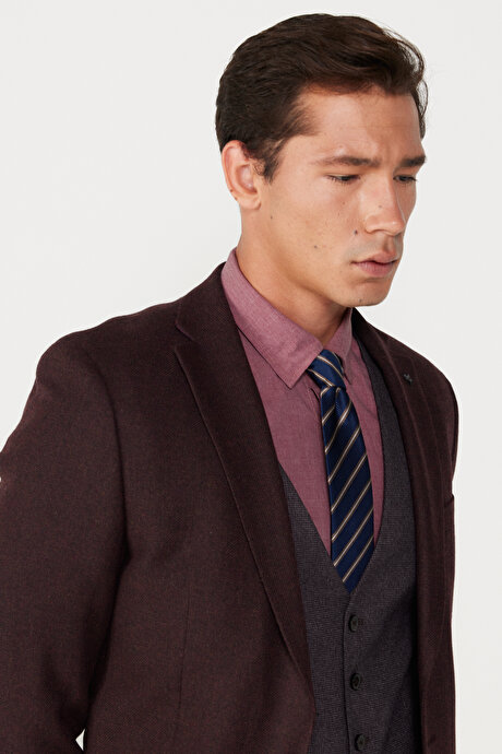 Slim Fit Dar Kesim Mono Yaka Desenli Bordo-Gri Yelekli Takım Elbise resmi