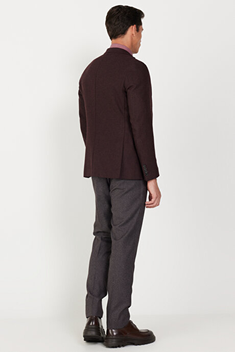 Slim Fit Dar Kesim Mono Yaka Desenli Bordo-Gri Yelekli Takım Elbise resmi