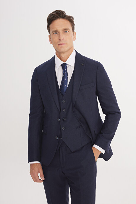 Slim Fit Dar Kesim Kırlangıç Yaka Desenli Lacivert Yelekli Takım Elbise resmi