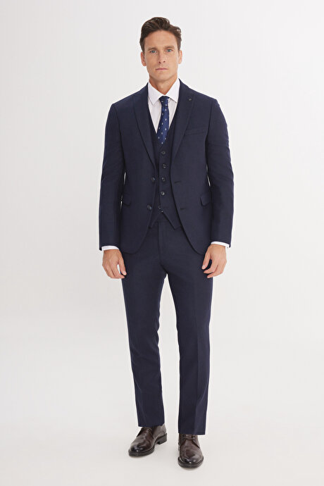 Slim Fit Dar Kesim Kırlangıç Yaka Desenli Lacivert Yelekli Takım Elbise resmi