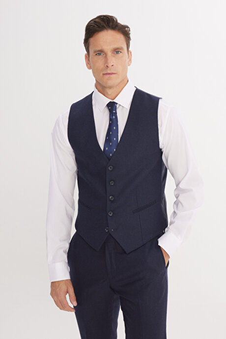 Slim Fit Dar Kesim Kırlangıç Yaka Desenli Lacivert Yelekli Takım Elbise resmi