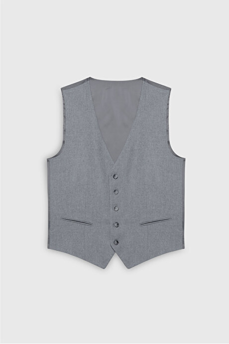 Slim Fit Dar Kesim Mono Yaka Desenli Gri Yelekli Takım Elbise resmi