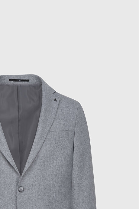 Slim Fit Dar Kesim Mono Yaka Desenli Gri Yelekli Takım Elbise resmi