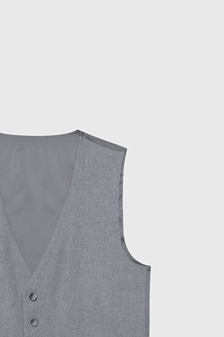 Slim Fit Dar Kesim Mono Yaka Desenli Gri Yelekli Takım Elbise resmi