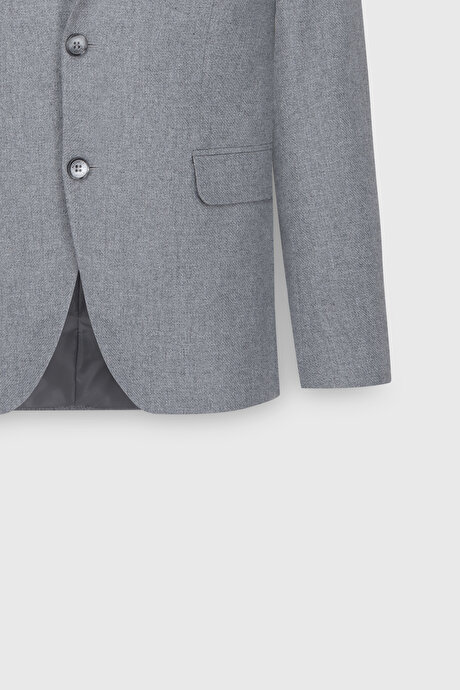 Slim Fit Dar Kesim Mono Yaka Desenli Gri Yelekli Takım Elbise resmi