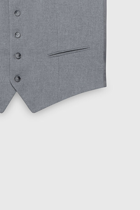 Slim Fit Dar Kesim Mono Yaka Desenli Gri Yelekli Takım Elbise resmi