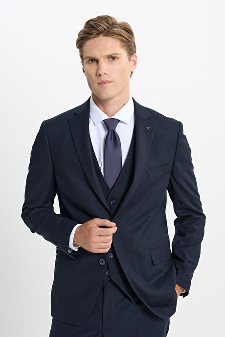 Slim Fit Dar Kesim Armürlü Yelekli Lacivert Yelekli Takım Elbise resmi
