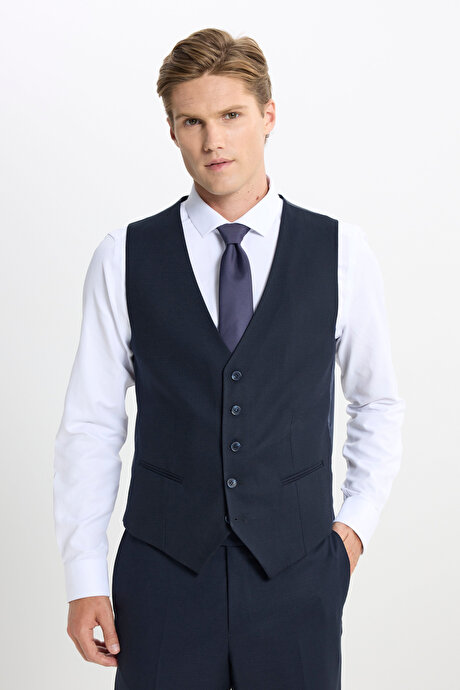 Slim Fit Dar Kesim Armürlü Yelekli Lacivert Yelekli Takım Elbise resmi