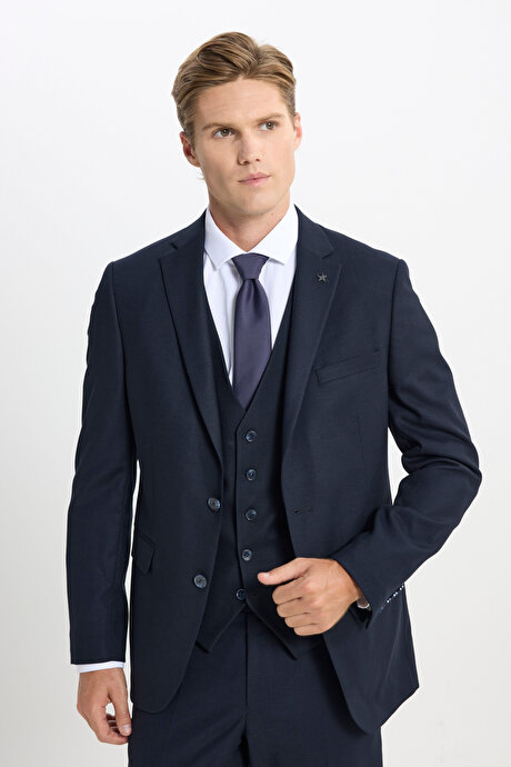 Slim Fit Dar Kesim Armürlü Yelekli Lacivert Yelekli Takım Elbise resmi