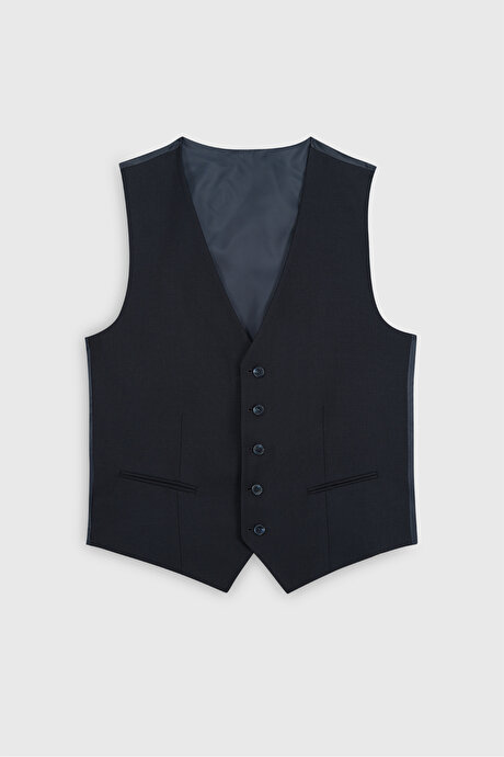 Slim Fit Dar Kesim Armürlü Yelekli Lacivert Yelekli Takım Elbise resmi