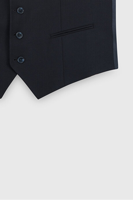 Slim Fit Dar Kesim Armürlü Yelekli Lacivert Yelekli Takım Elbise resmi