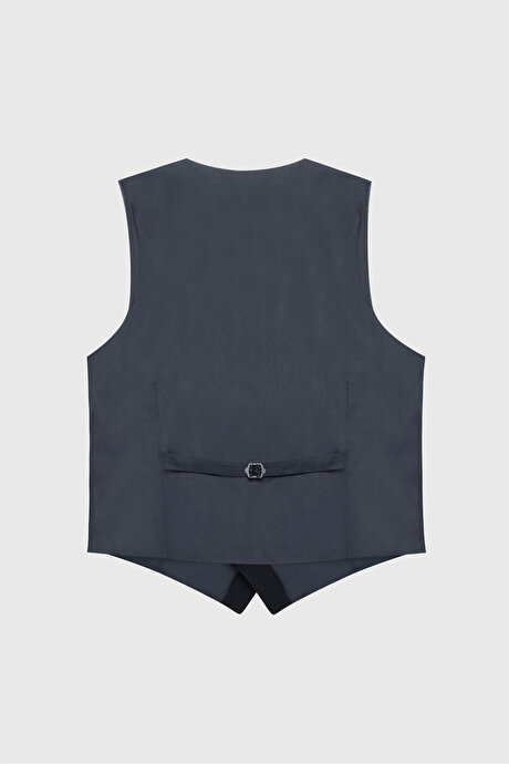 Slim Fit Dar Kesim Armürlü Yelekli Lacivert Yelekli Takım Elbise resmi