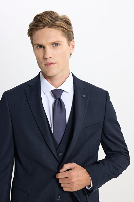 Slim Fit Dar Kesim Armürlü Yelekli Lacivert Yelekli Takım Elbise resmi