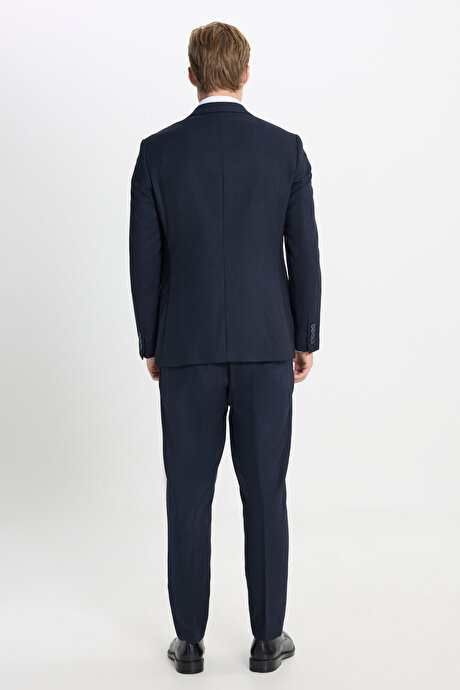 Slim Fit Dar Kesim Armürlü Yelekli Lacivert Yelekli Takım Elbise resmi