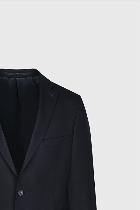 Slim Fit Dar Kesim Armürlü Yelekli Lacivert Yelekli Takım Elbise resmi