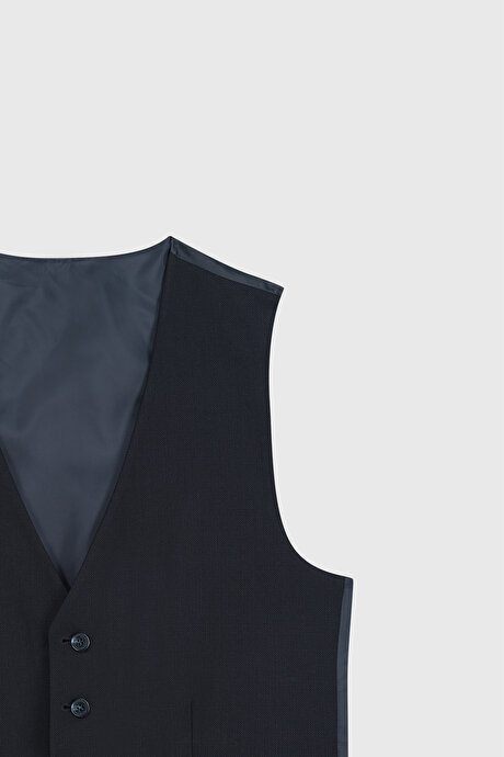 Slim Fit Dar Kesim Armürlü Yelekli Lacivert Yelekli Takım Elbise resmi