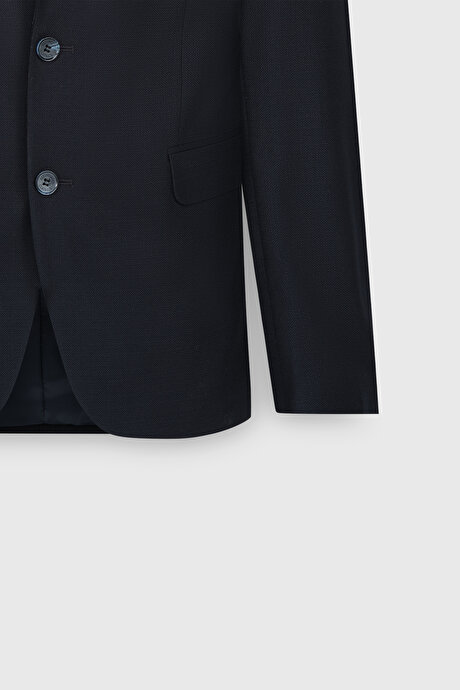 Slim Fit Dar Kesim Armürlü Yelekli Lacivert Yelekli Takım Elbise resmi