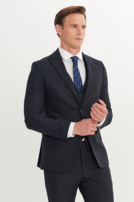 Slim Fit Dar Kesim Desenli Yelekli Lacivert-Kahverengi Yelekli Takım Elbise resmi