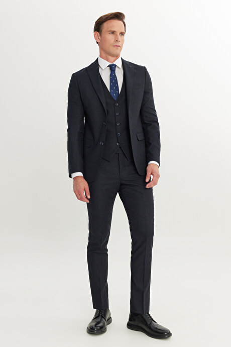 Slim Fit Dar Kesim Desenli Yelekli Lacivert-Kahverengi Yelekli Takım Elbise resmi