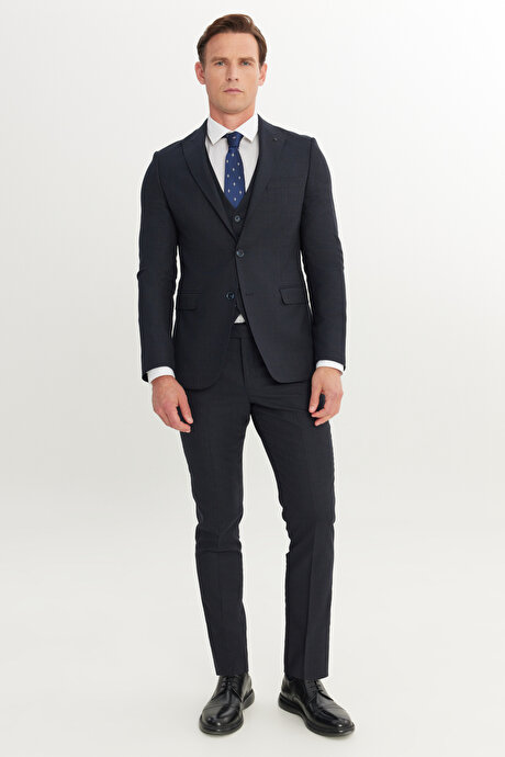 Slim Fit Dar Kesim Desenli Yelekli Lacivert-Kahverengi Yelekli Takım Elbise resmi