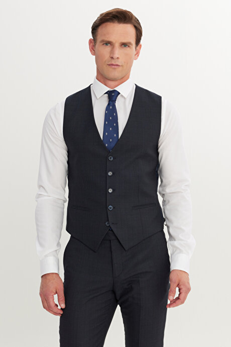 Slim Fit Dar Kesim Desenli Yelekli Lacivert-Kahverengi Yelekli Takım Elbise resmi