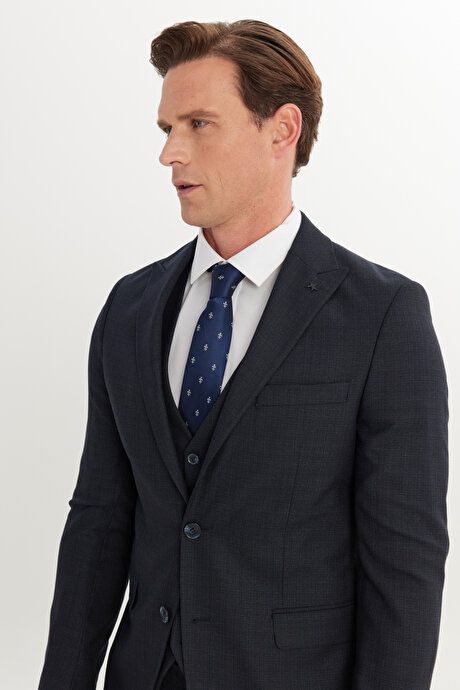 Slim Fit Dar Kesim Desenli Yelekli Lacivert-Kahverengi Yelekli Takım Elbise resmi