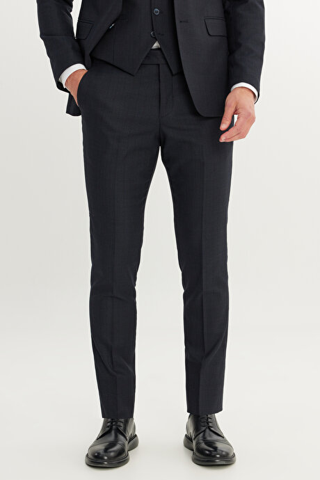 Slim Fit Dar Kesim Desenli Yelekli Lacivert-Kahverengi Yelekli Takım Elbise resmi