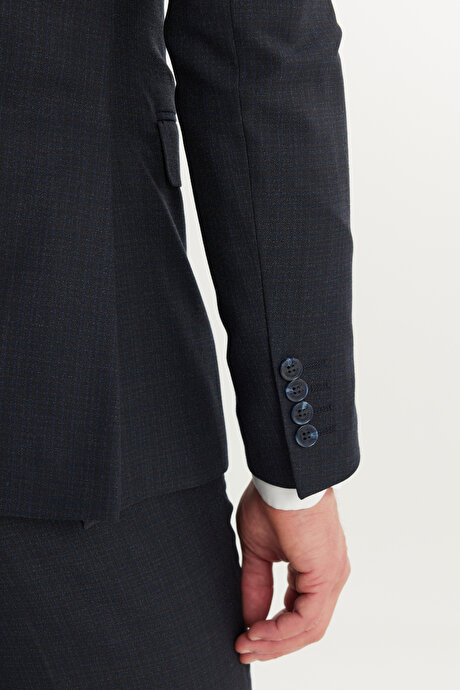 Slim Fit Dar Kesim Desenli Yelekli Lacivert-Kahverengi Yelekli Takım Elbise resmi