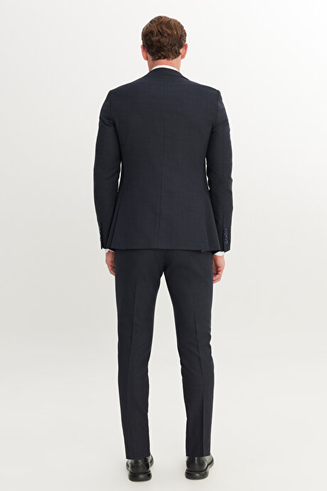 Slim Fit Dar Kesim Desenli Yelekli Lacivert-Kahverengi Yelekli Takım Elbise resmi