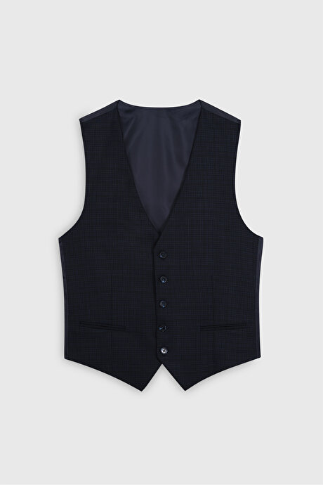 Slim Fit Dar Kesim Desenli Yünlü Yelekli Lacivert Yelekli Takım Elbise resmi