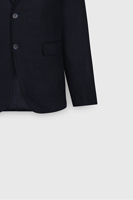 Slim Fit Dar Kesim Desenli Yünlü Yelekli Lacivert Yelekli Takım Elbise resmi