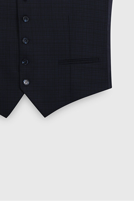Slim Fit Dar Kesim Desenli Yünlü Yelekli Lacivert Yelekli Takım Elbise resmi