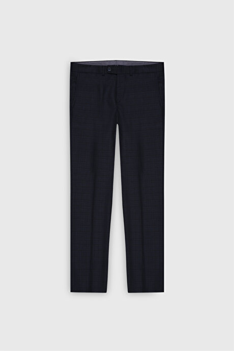 Slim Fit Dar Kesim Desenli Yünlü Yelekli Lacivert Yelekli Takım Elbise resmi