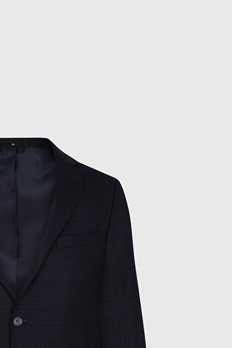 Slim Fit Dar Kesim Desenli Yünlü Yelekli Lacivert Yelekli Takım Elbise resmi