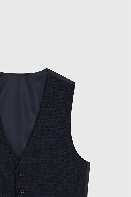 Slim Fit Dar Kesim Desenli Yünlü Yelekli Lacivert Yelekli Takım Elbise resmi