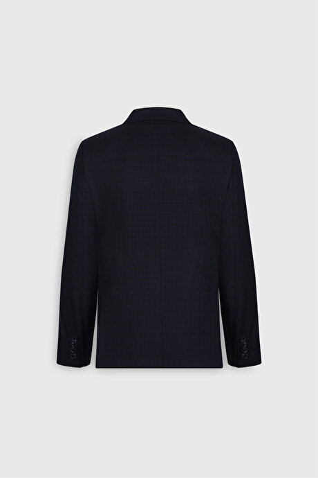 Slim Fit Dar Kesim Desenli Yünlü Yelekli Lacivert Yelekli Takım Elbise resmi