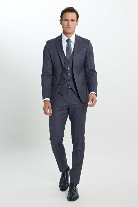 Ekstra Slim Fit Dar Kesim Desenli Yelekli Mavi Yelekli Takım Elbise resmi