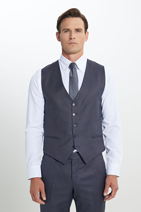 Ekstra Slim Fit Dar Kesim Desenli Yelekli Mavi Yelekli Takım Elbise resmi