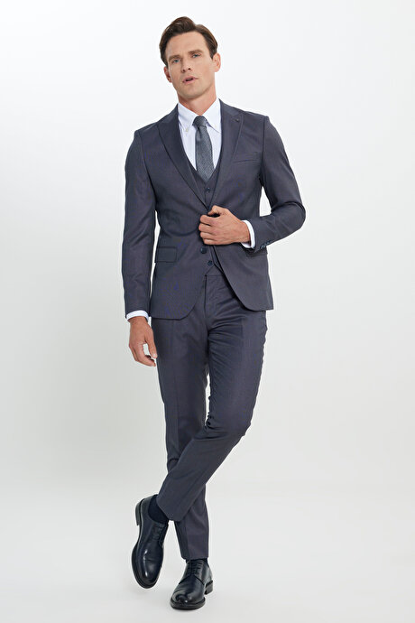 Ekstra Slim Fit Dar Kesim Desenli Yelekli Mavi Yelekli Takım Elbise resmi