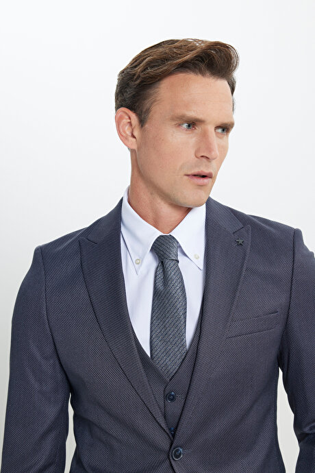 Ekstra Slim Fit Dar Kesim Desenli Yelekli Mavi Yelekli Takım Elbise resmi