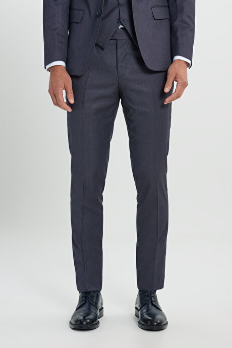 Ekstra Slim Fit Dar Kesim Desenli Yelekli Mavi Yelekli Takım Elbise resmi