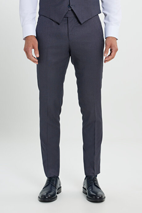 Ekstra Slim Fit Dar Kesim Desenli Yelekli Mavi Yelekli Takım Elbise resmi